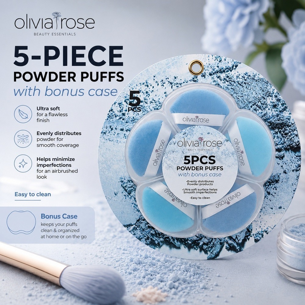 Olivia Rose Beauty Essentials 5 Piece Powder Puffs with Bonus Case Blue New